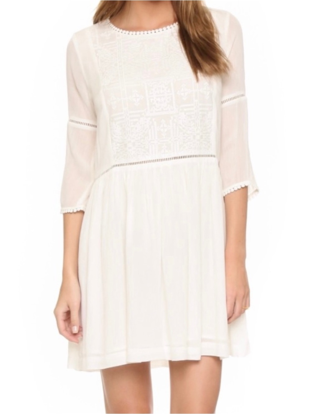 Suncoo Paris White Columbine A-Line Boho Peasant 3/4 Sleeve Mini Dress Large